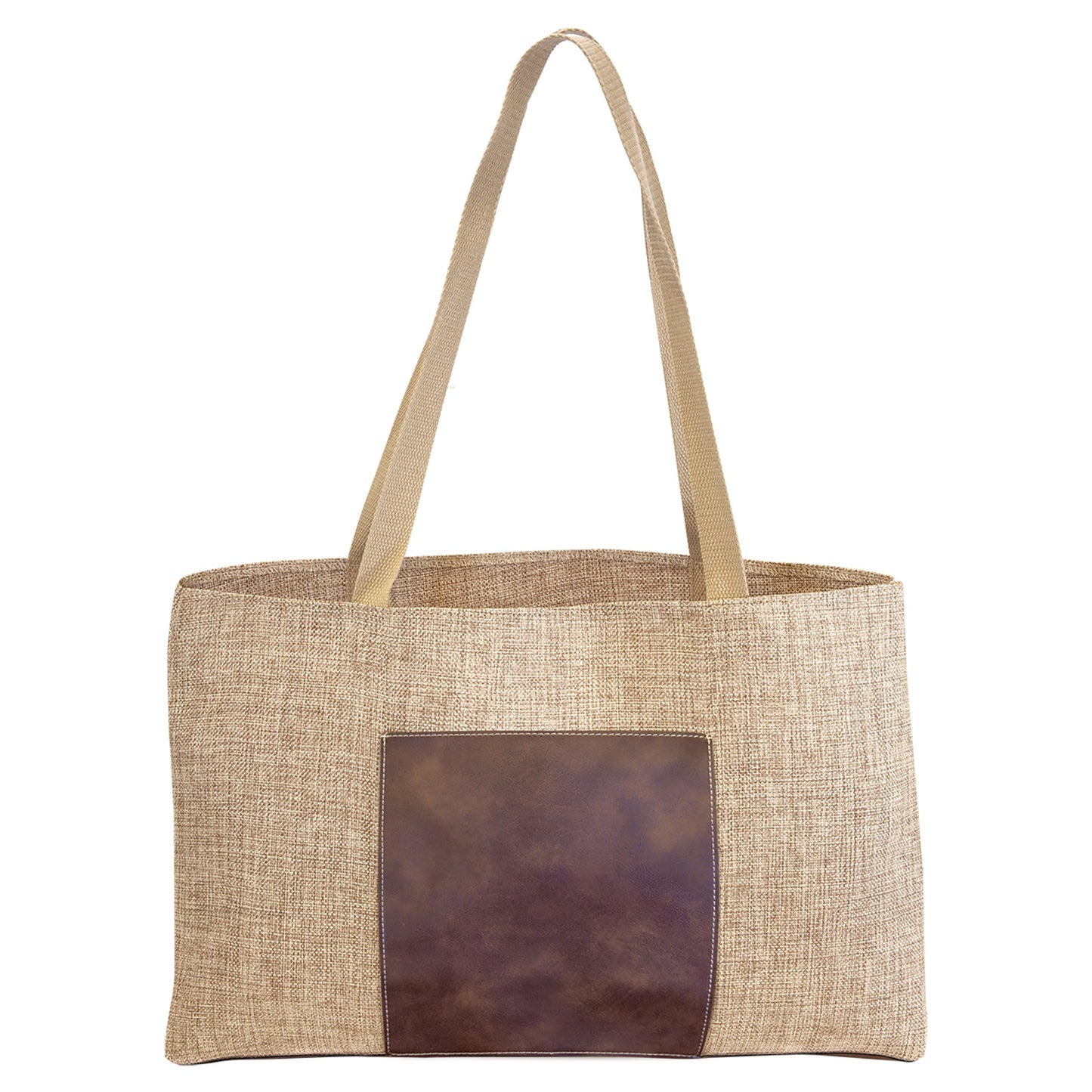 Burlap Bag with Leatherette Pocket & Gusset